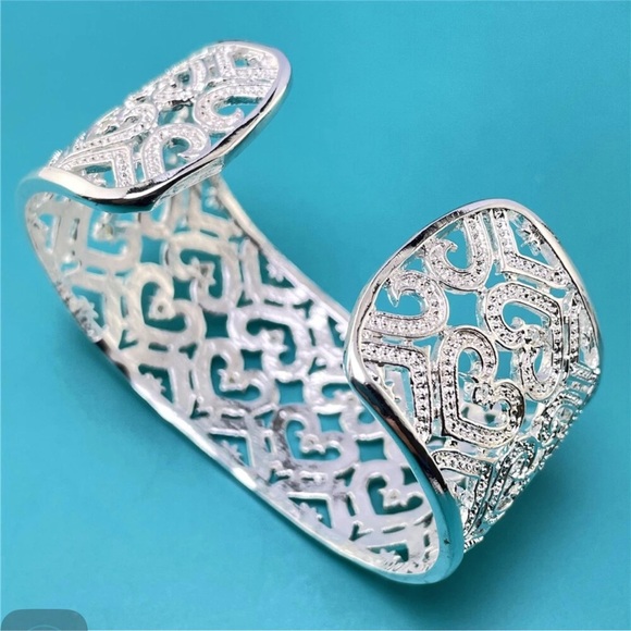 Boho Sterling Silver Zirconia Heart Wide Cuff Bangle Bracelet - Picture 3 of 9